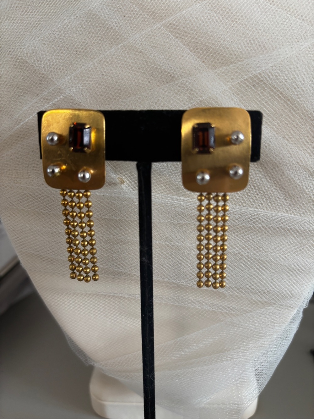 Vintage Gold Dangle Earrings with Garnet-Colored Stone